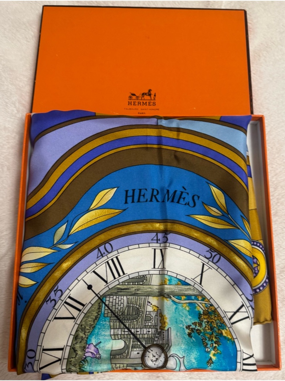Hermes Blue & Gold Silk Scarf - Luxury Home Wall Decor